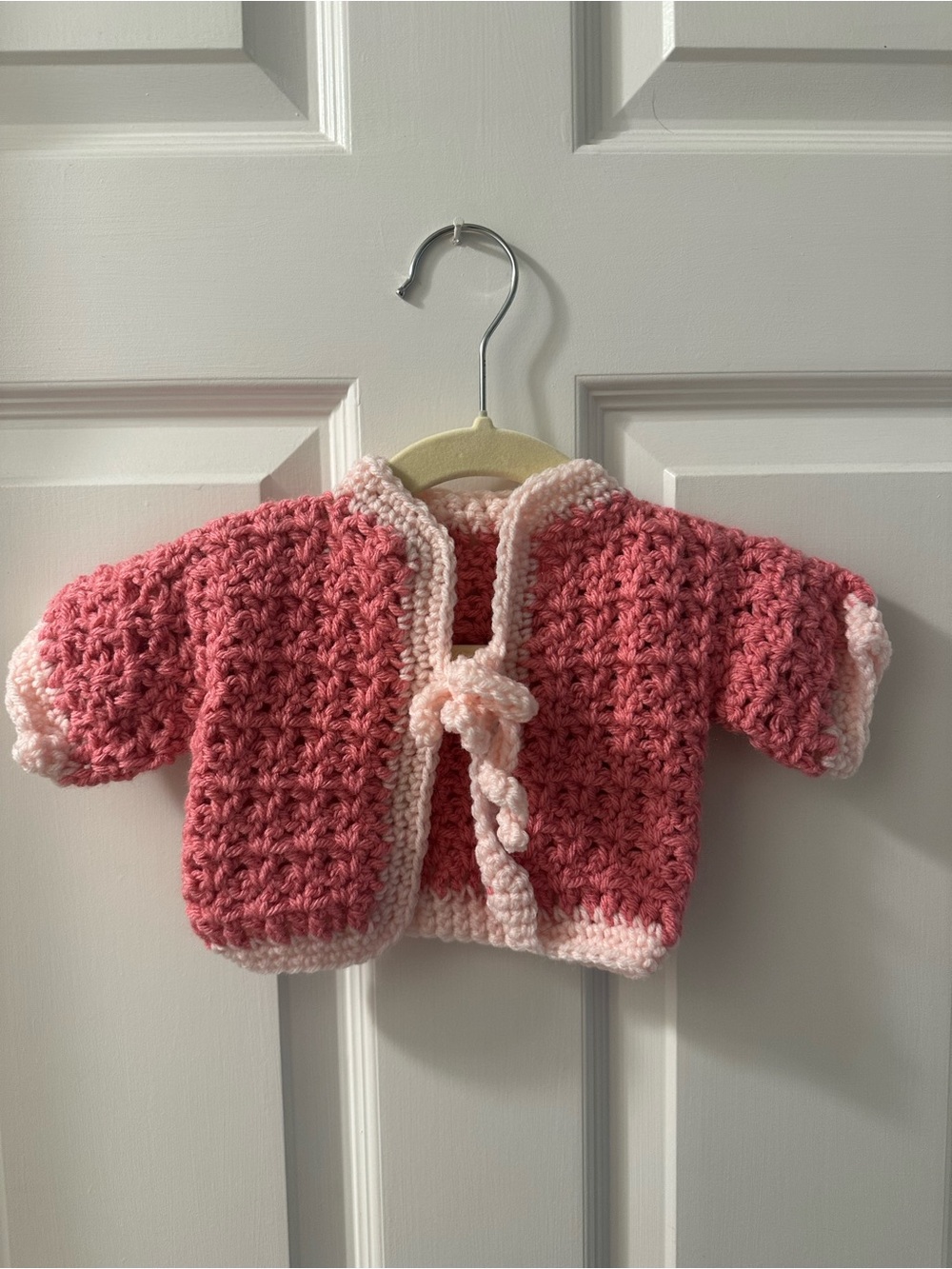 Handmade Pink Crochet Baby Cardigan with light pink Trim